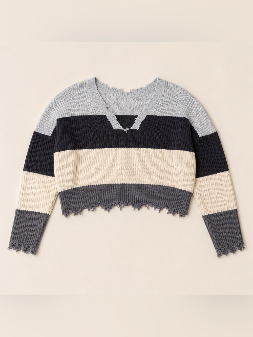 Rue21 Cropped V-Neck Striped Sweater - Light Gray, Black & Cream